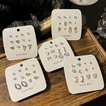 DAIIIBABYYY  -  Charm Colorful Rhinestone Blue Aurora Stud Earrings Set Women Korean Fashion Heart Butterfly Geometric Earring Jewelry